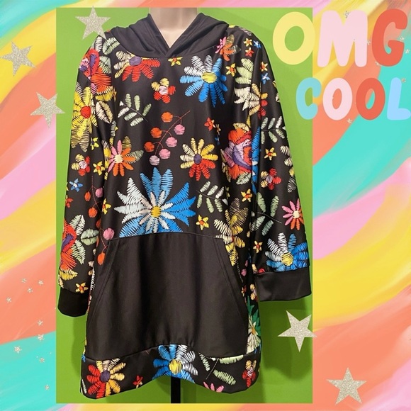 2X BLACK HOODED TUNIC/BRIGHT FLORAL PRINT(RUNS BIG)SEE MEASUREMENTS-non textured - Picture 9 of 14